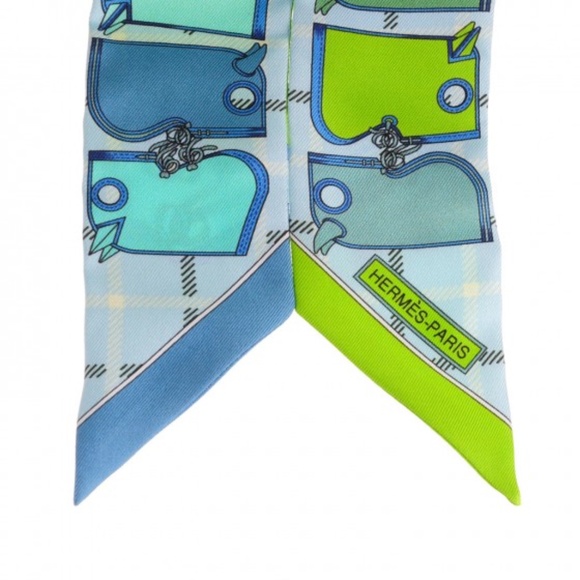 HERMES  Silk Camails Twilly Vert Fluo Ciel Vert D Eau - Picture 2 of 4